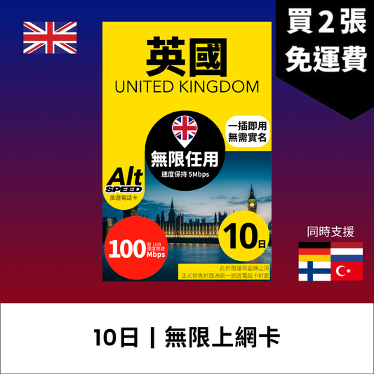Alt Speed 英國 10天 無限上網電話卡
