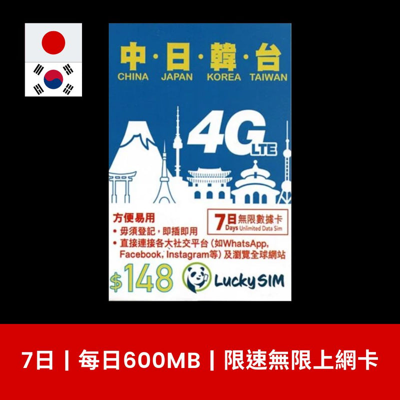 LuckySim 日本、韓國 7天 限速無限上網電話卡