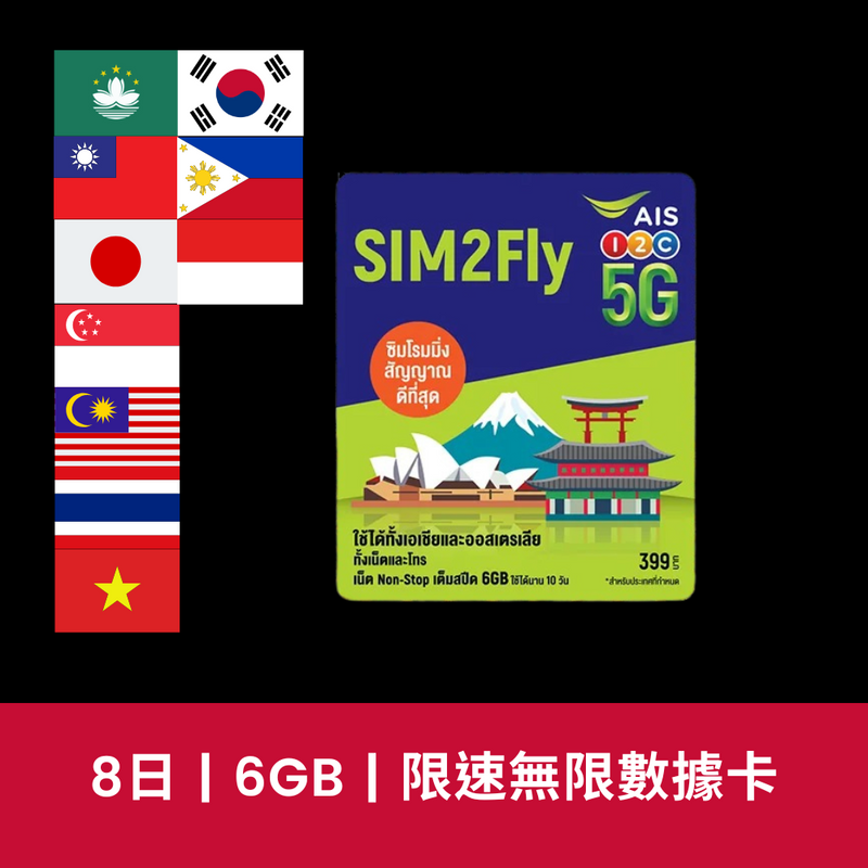 SIM2Fly AIS 亞洲及澳洲 多國 8天 6GB 上網卡