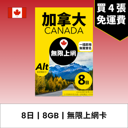 Alt 加拿大 8日 FUP 無限上網電話卡 / eSIM