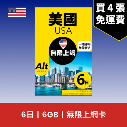 Alt 美國 6日 FUP 無限上網電話卡 / eSIM