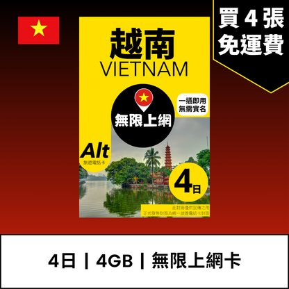 Alt 越南 4日 FUP 無限上網電話卡 / eSIM