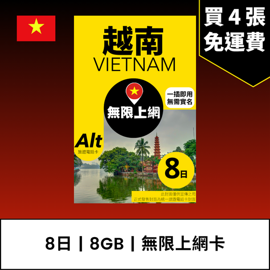 Alt 越南 8日 FUP 無限上網電話卡 / eSIM