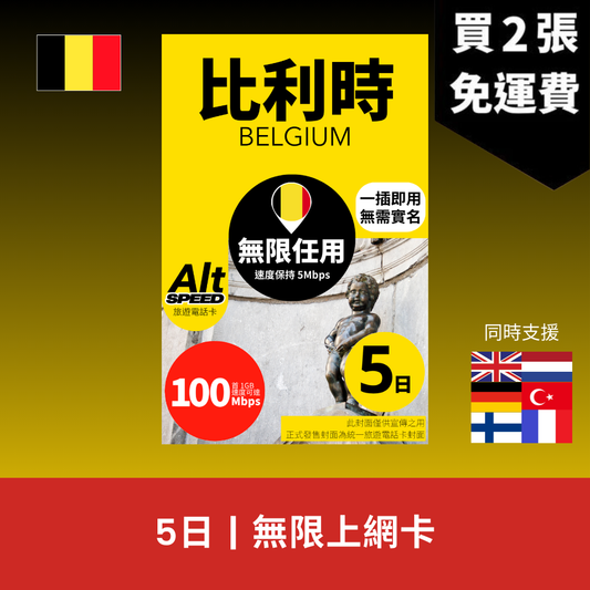 Alt Speed 比利時 5天 無限上網電話卡