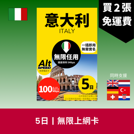Alt Speed 意大利 5天 無限上網電話卡