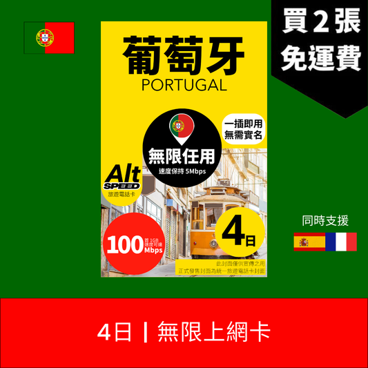 Alt Speed 葡萄牙 4天 無限上網電話卡