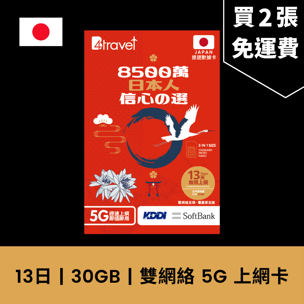 B4travel 雙網絡 日本 13日 30GB 無限上網 5G 電話卡 / eSIM
