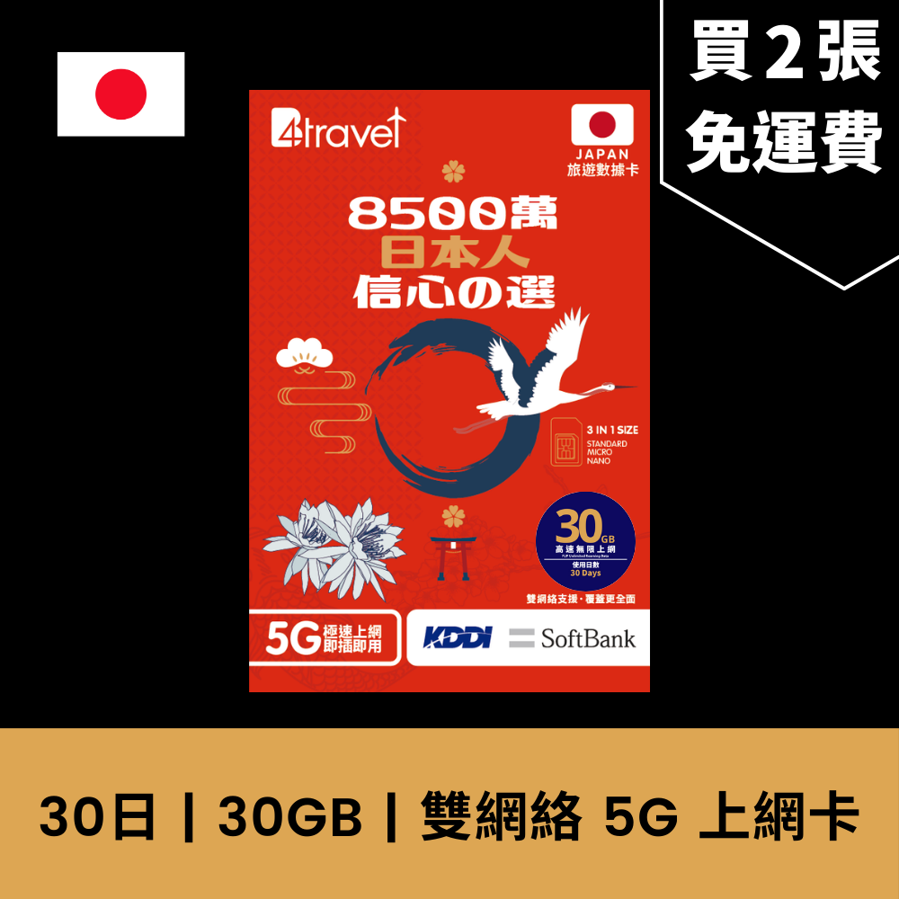 B4travel 雙網絡 日本 30日 30GB 無限上網 5G 電話卡 / eSIM