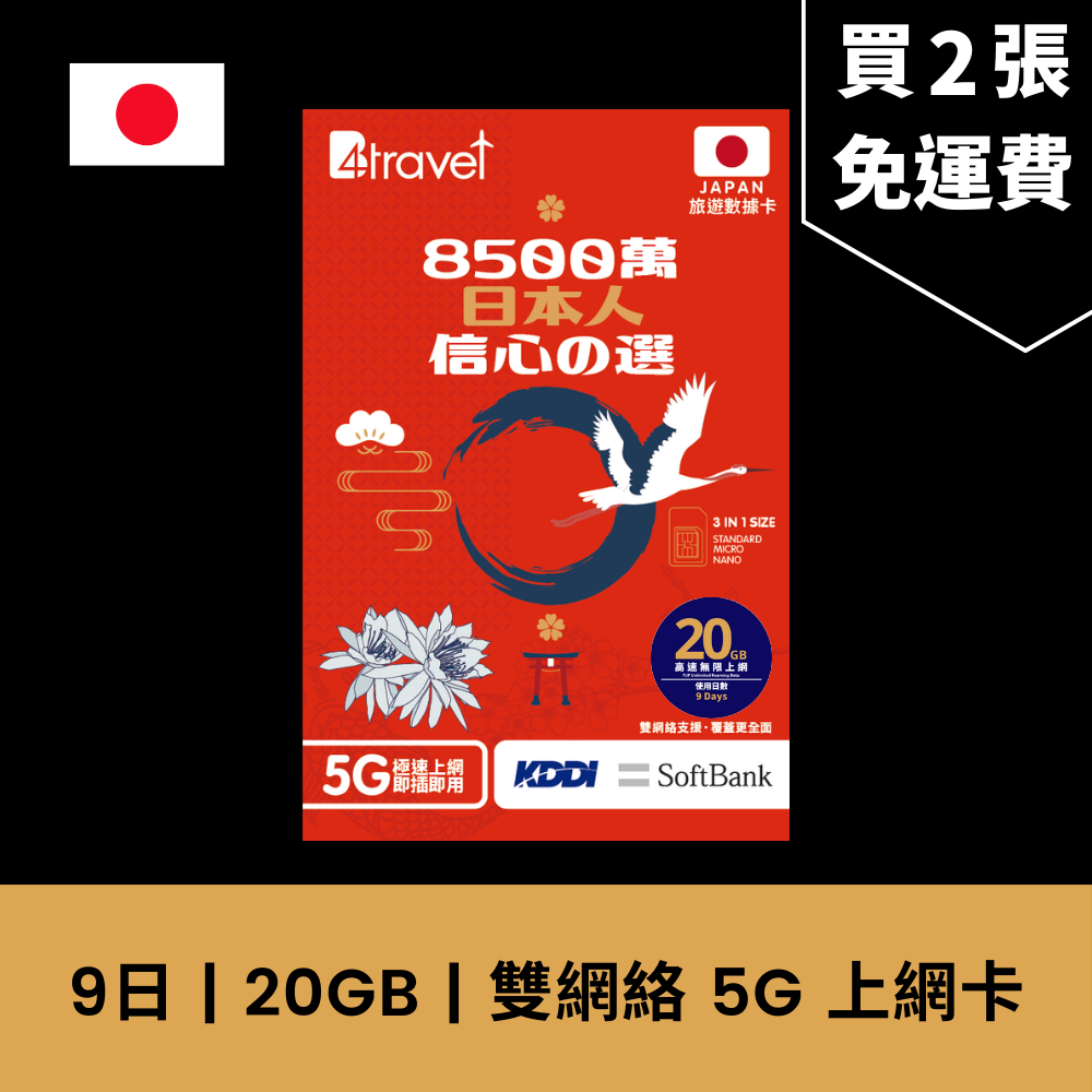B4travel 雙網絡 日本 9日 20GB 無限上網 5G 電話卡 / eSIM