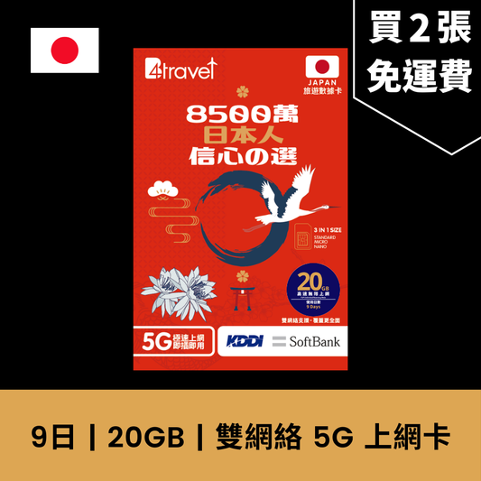 B4travel 雙網絡 日本 9日 20GB 無限上網 5G 電話卡 / eSIM