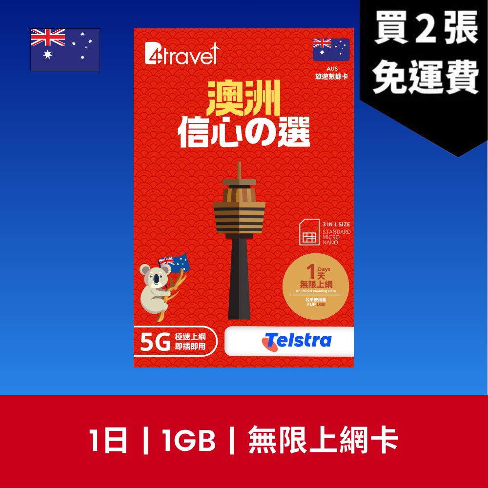 B4travel 澳洲 1日 1GB 5G 無限上網數據卡 / eSIM