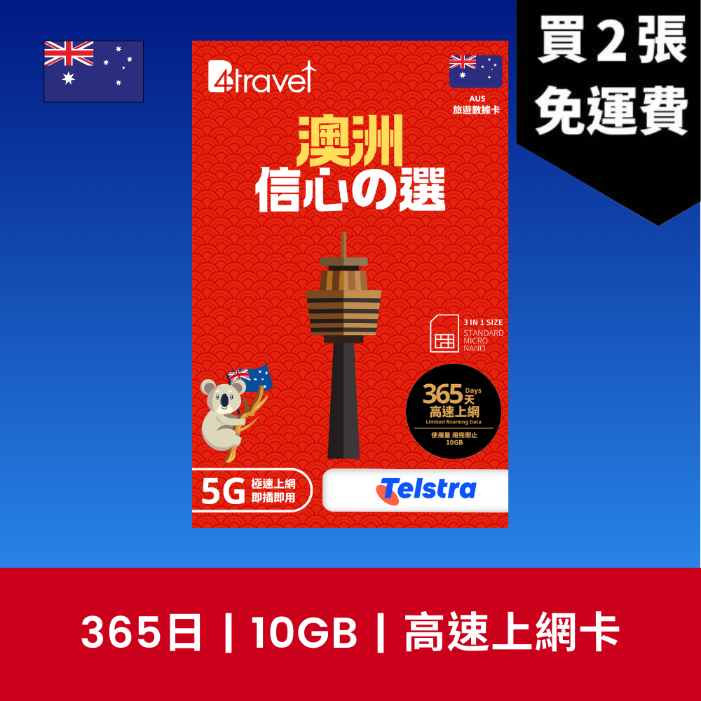 B4travel 澳洲 365日 10GB 5G 高速上網數據卡 / eSIM （年卡）