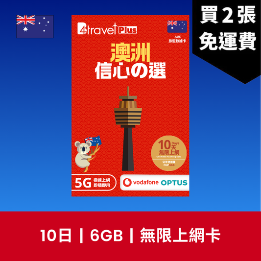 B4travel Plus 雙網絡 澳洲 10日 6GB 5G 無限上網數據卡 / eSIM