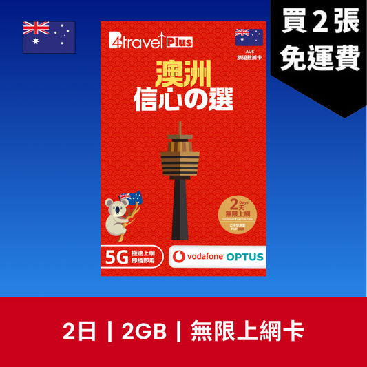 B4travel Plus 雙網絡 澳洲 2日 2GB 5G 無限上網數據卡 / eSIM