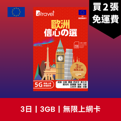 B4travel 歐洲 3日 3GB 5G 無限上網數據卡