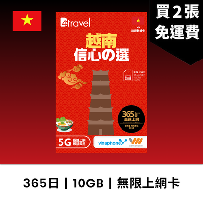 B4travel 越南 365日 10GB 5G 高速上網電話卡（年卡） / eSIM