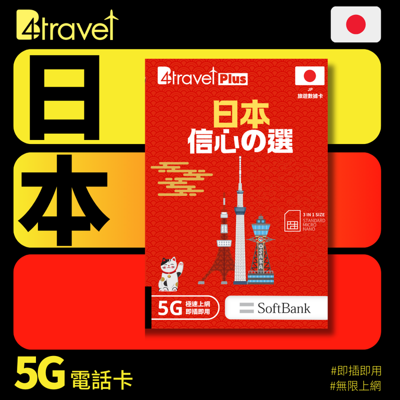 B4travel Plus 日本 13日 15GB 5G 無限上網電話卡