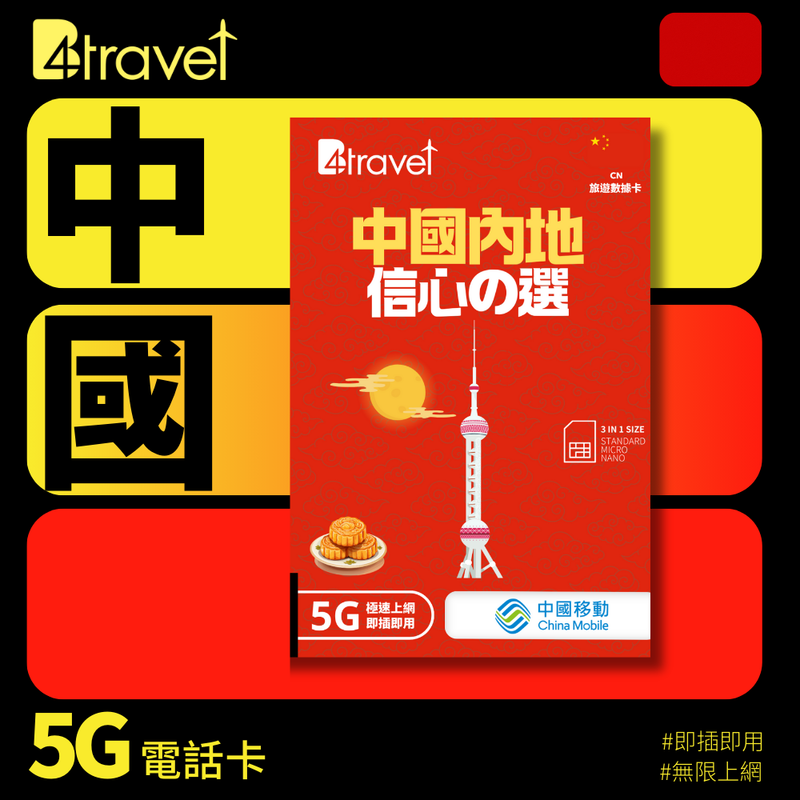 B4travel 中國大陸 (內地)  8日 15GB 5G 無限數據電話卡