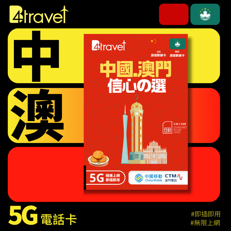 B4travel 中國+澳門 5日 5GB 5G 無限數據電話卡