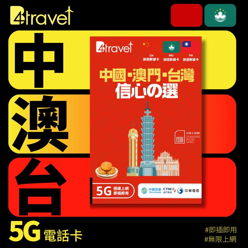 B4travel 中國大陸 (內地) 、澳門、台灣 三地共用 365日 10GB 5G 數據電話卡（年卡）