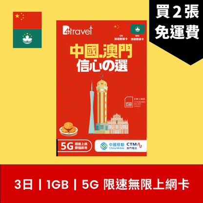 B4travel 中國大陸 (內地) 、澳門 兩地共用 3日 1GB 5G 無限數據電話卡 / eSIM