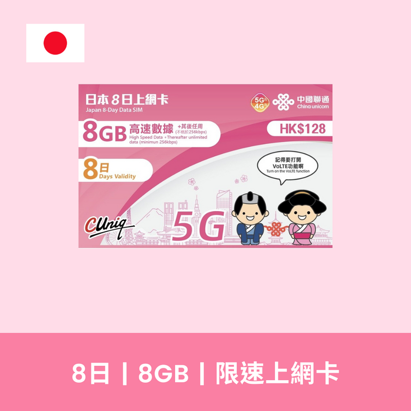 中國聯通 日本 8天 8GB 限速無限上網電話卡