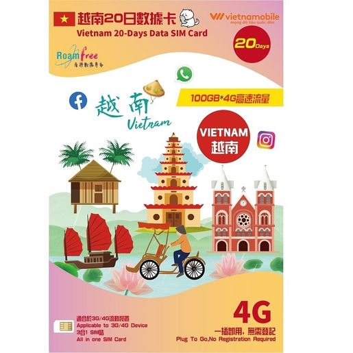 RoamFree Vietnamobile 越南 20天 4G 數據電話卡