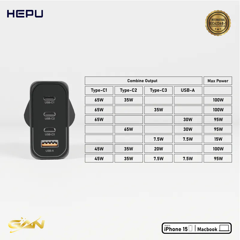 HEPU 4頭 USB + USB-C 100W 旅行轉換插頭（HP304）