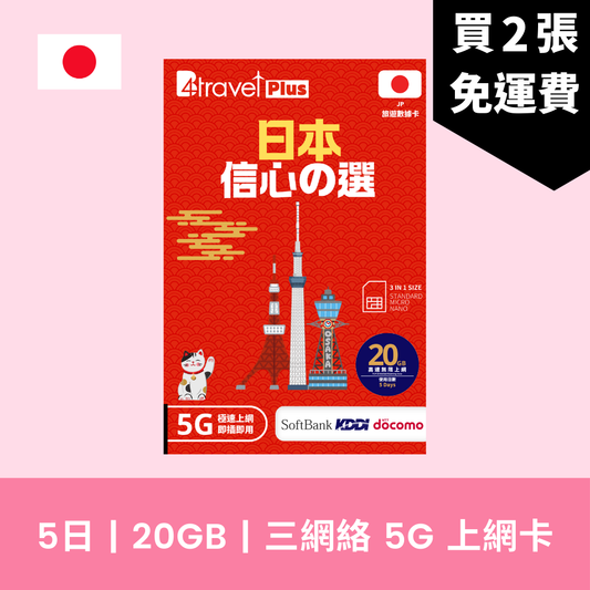 B4travel Plus 三網絡 日本 5日 20GB 5G 無限上網電話卡 / eSIM