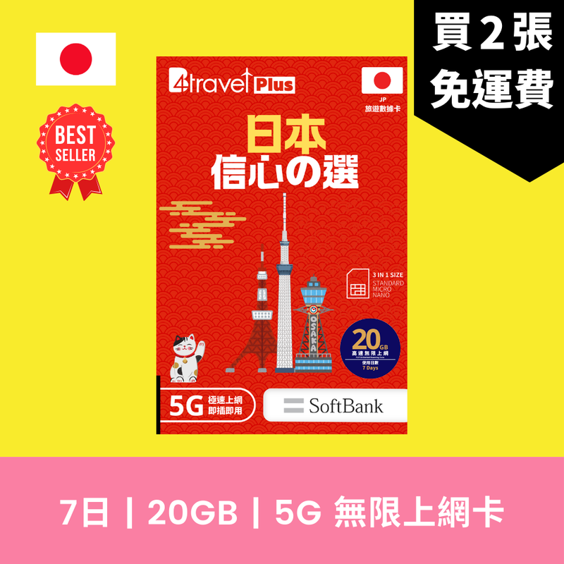 B4travel Plus 日本 7日 20GB 5G 無限上網電話卡