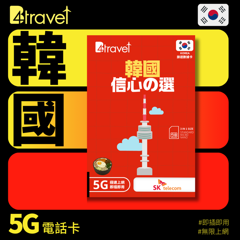 B4travel 韓國 7日 20GB 5G 無限上網電話卡