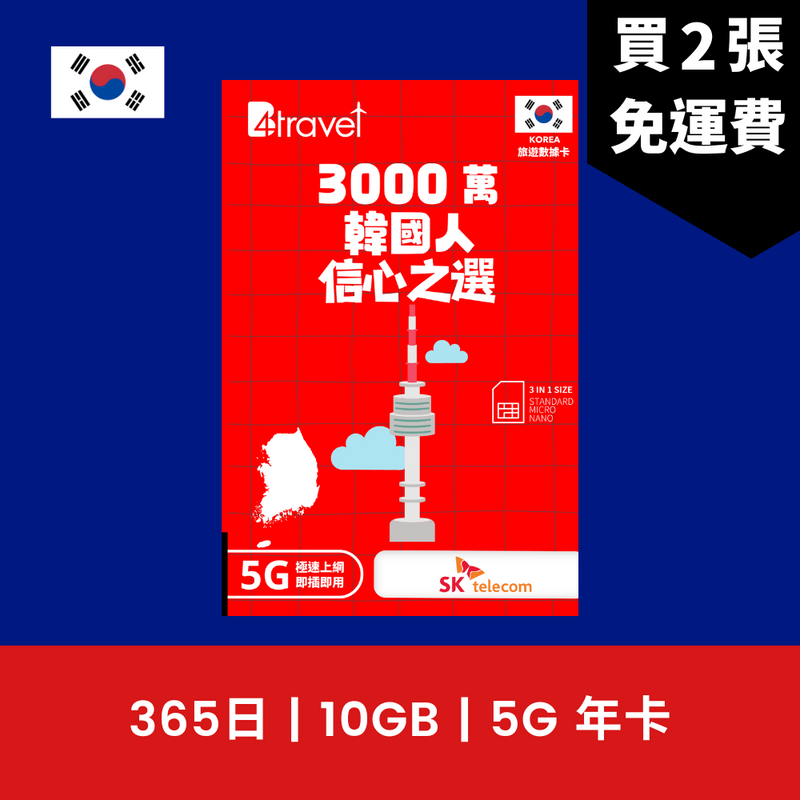 B4travel 韓國 365日 10GB 5G 高速上網電話卡（年卡）