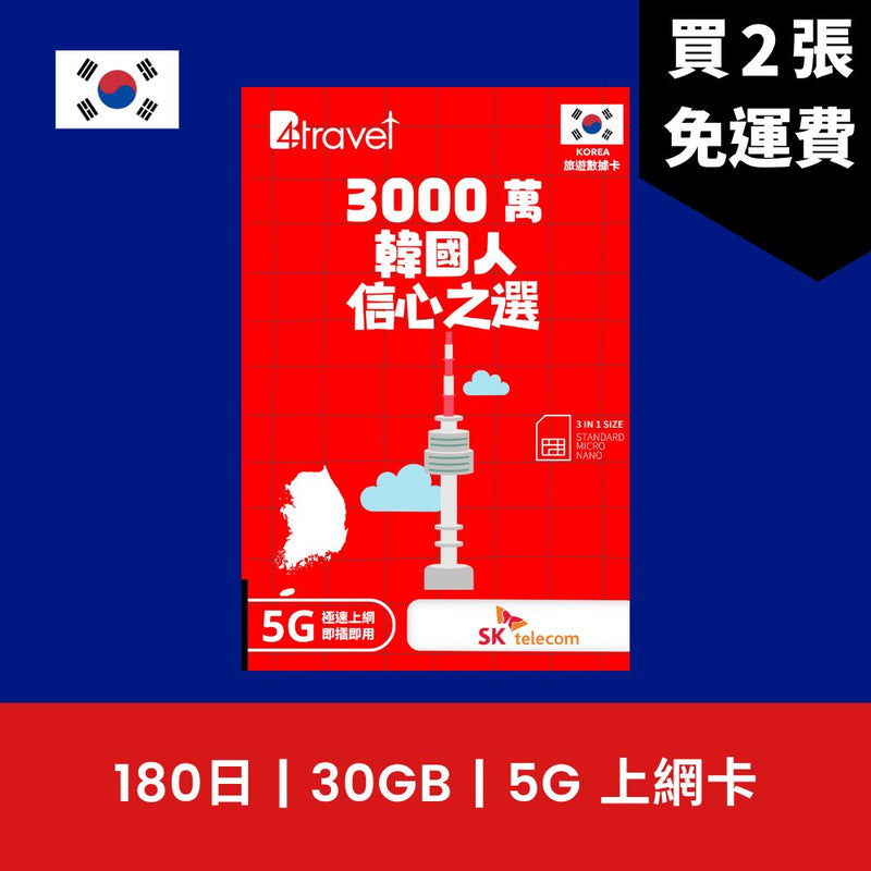 B4travel 韓國 180日 30GB 5G 高速上網卡