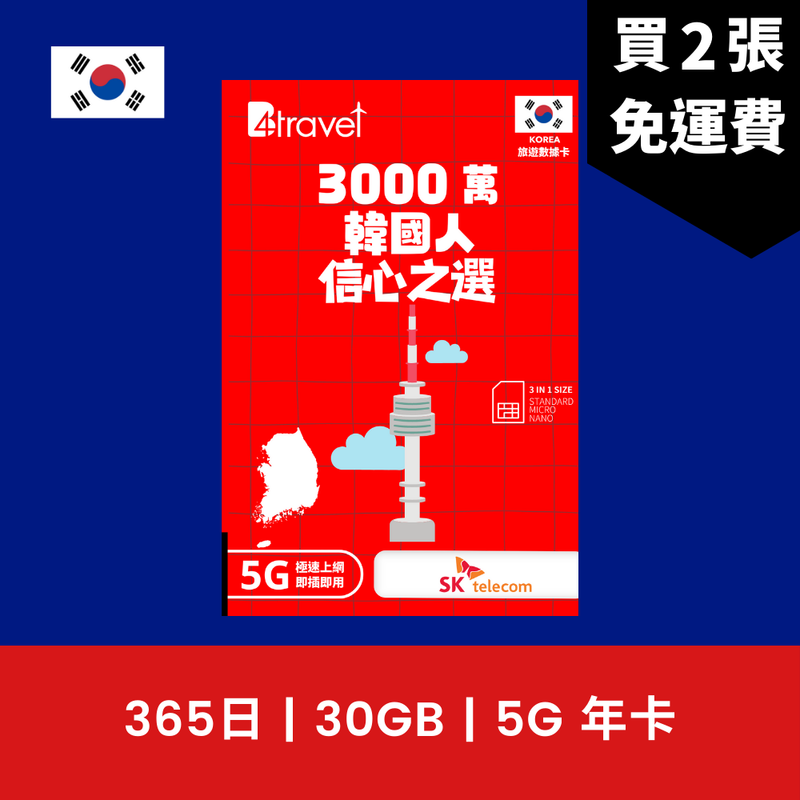 B4travel 韓國 365日 30GB 5G 高速上網卡（年卡）