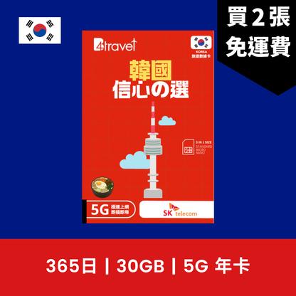 B4travel 韓國 365日 30GB 5G 高速上網電話卡（年卡） / eSIM