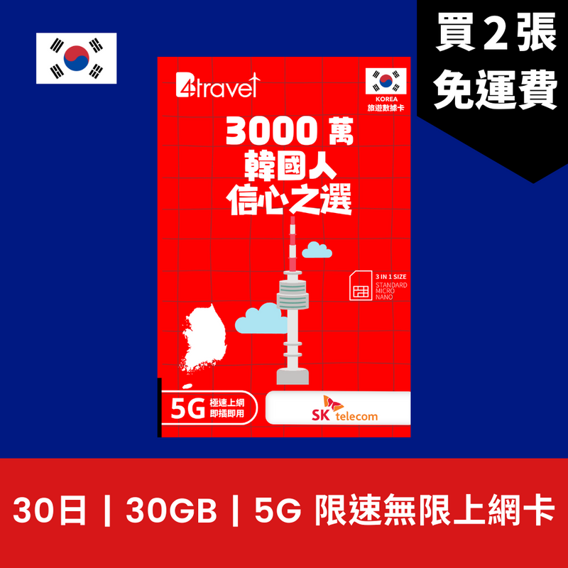 B4travel 韓國 30日 30GB 5G 無限上網電話卡