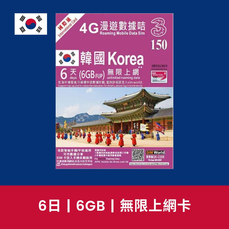 3香港 韓國 6日 6GB 限速無限上網電話卡