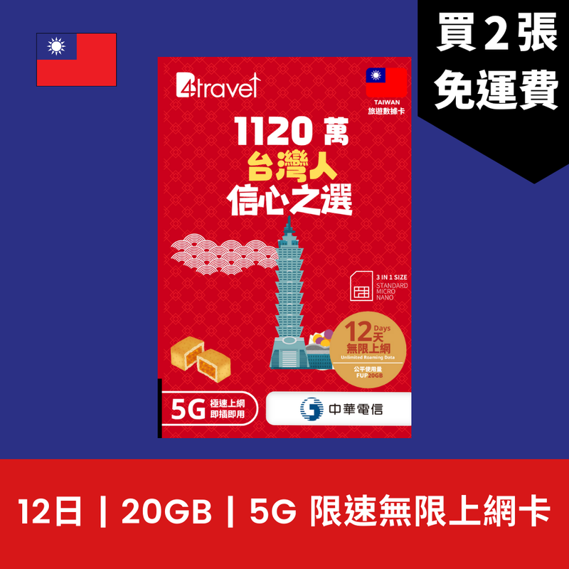 B4travel 台灣 12日 20GB 5G 無限上網卡