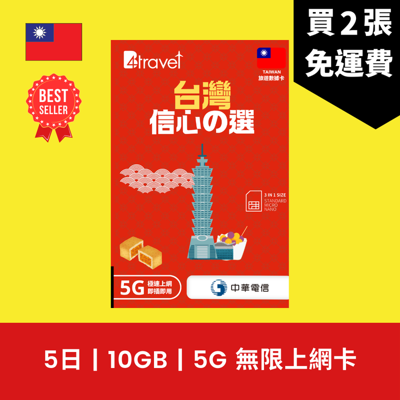 B4travel 台灣 5日 10GB 5G 無限上網電話卡