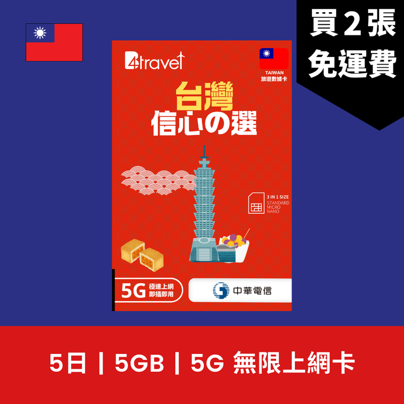 B4travel 台灣 5日 5GB 5G 無限上網電話卡