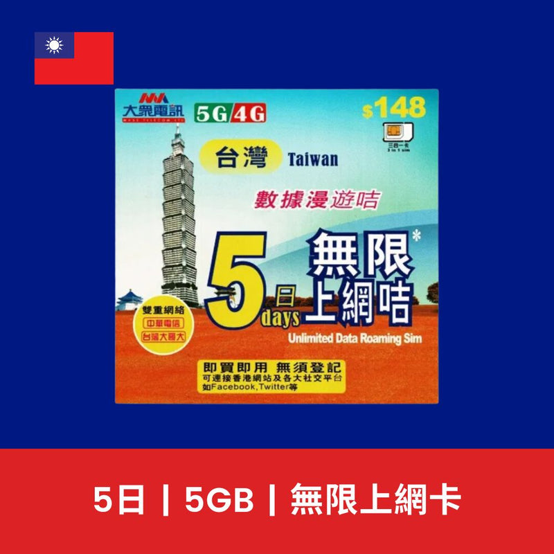 大眾電訊 台灣 5日 5GB 5G 限速無限上網電話卡
