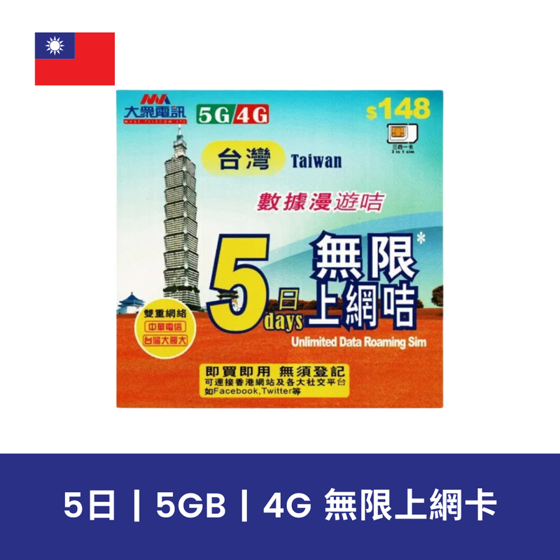 大眾電訊 台灣 5日 5GB 4G 無限上網電話卡