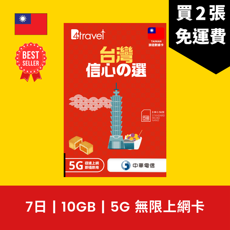 B4travel 台灣 7日 10GB 5G 無限上網電話卡