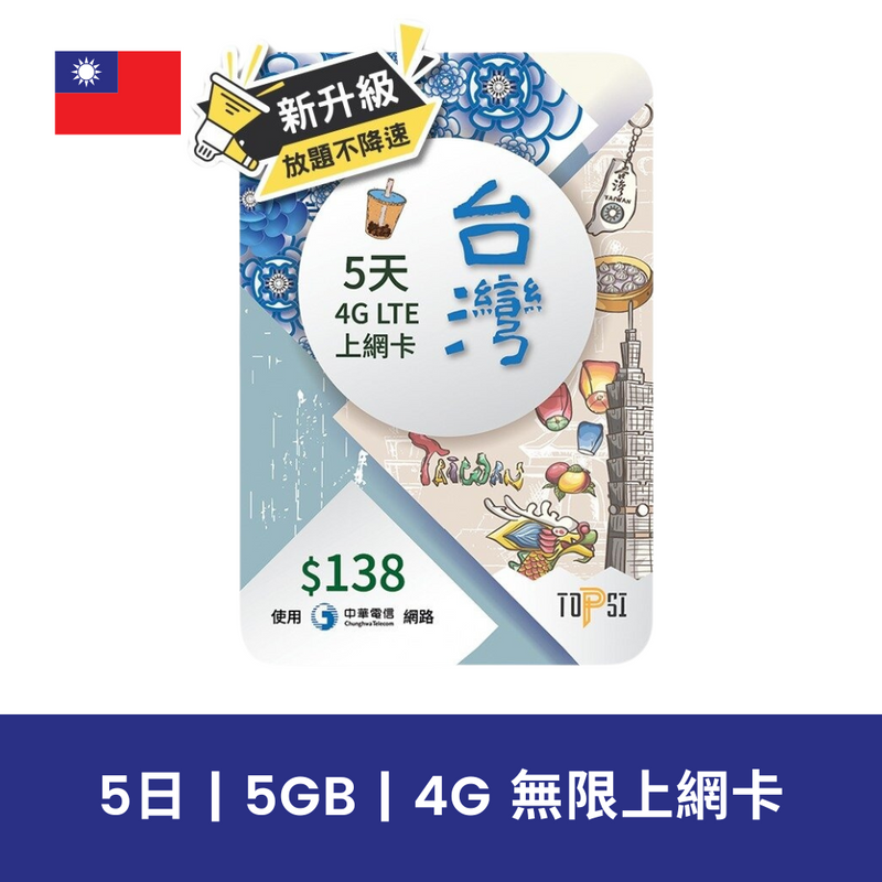 TOPSI 台灣 5日 5GB 4G 無限上網電話卡