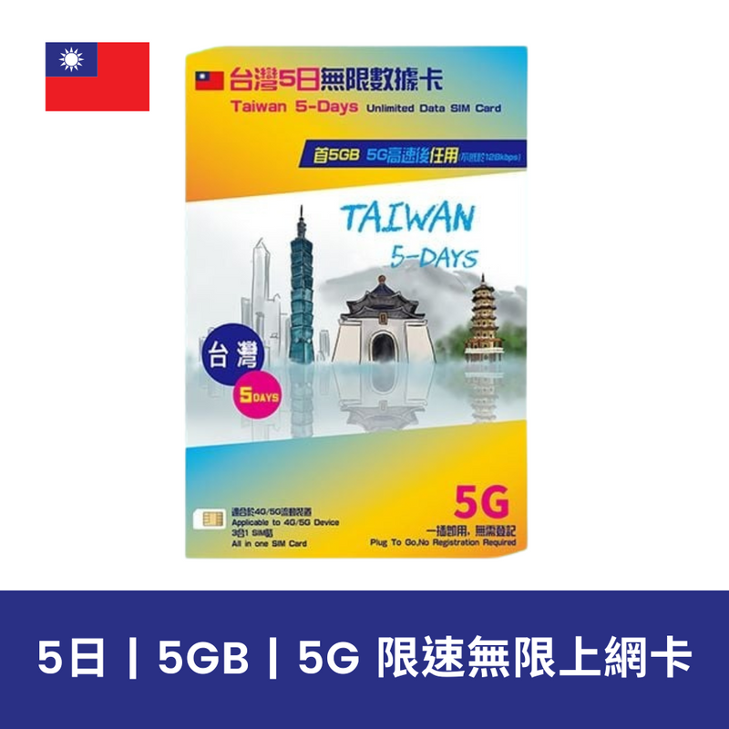 中國移動 台灣 5日 5GB 限速無限上網電話卡