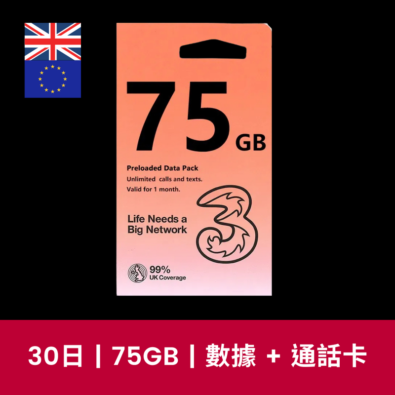 3UK 英國、歐洲 30天 75GB 高速上網電話卡（含通話）