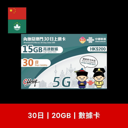 中國聯通 中國及澳門 2/3/5/8/15/30日 旅遊數據卡