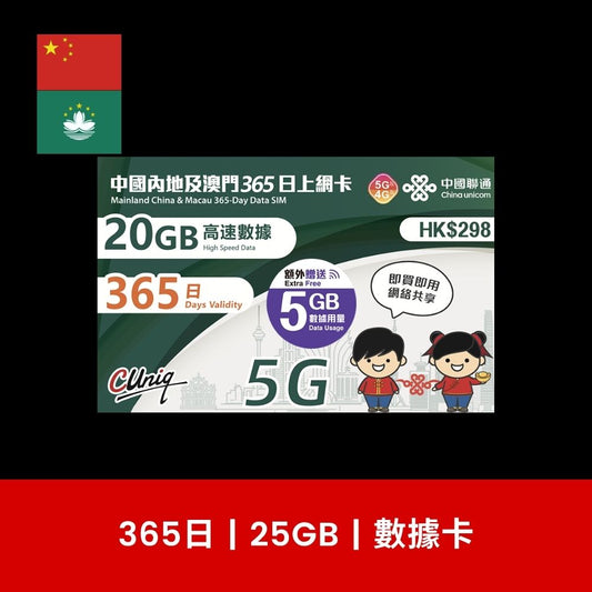 中國聯通 中國及澳門 365日 15GB/30GB/45GB 旅遊數據卡