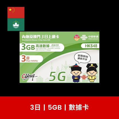 中國聯通 中國及澳門 2/3/5/8/15/30日 旅遊數據卡