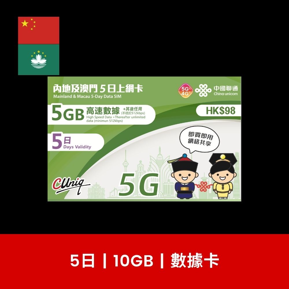 中國聯通 中國及澳門 2/3/5/8/15/30日 旅遊數據卡